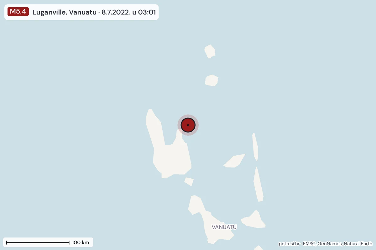 Karta: šire područje, 600 km, potres M5,4, Luganville, Vanuatu, 8.7.2022.