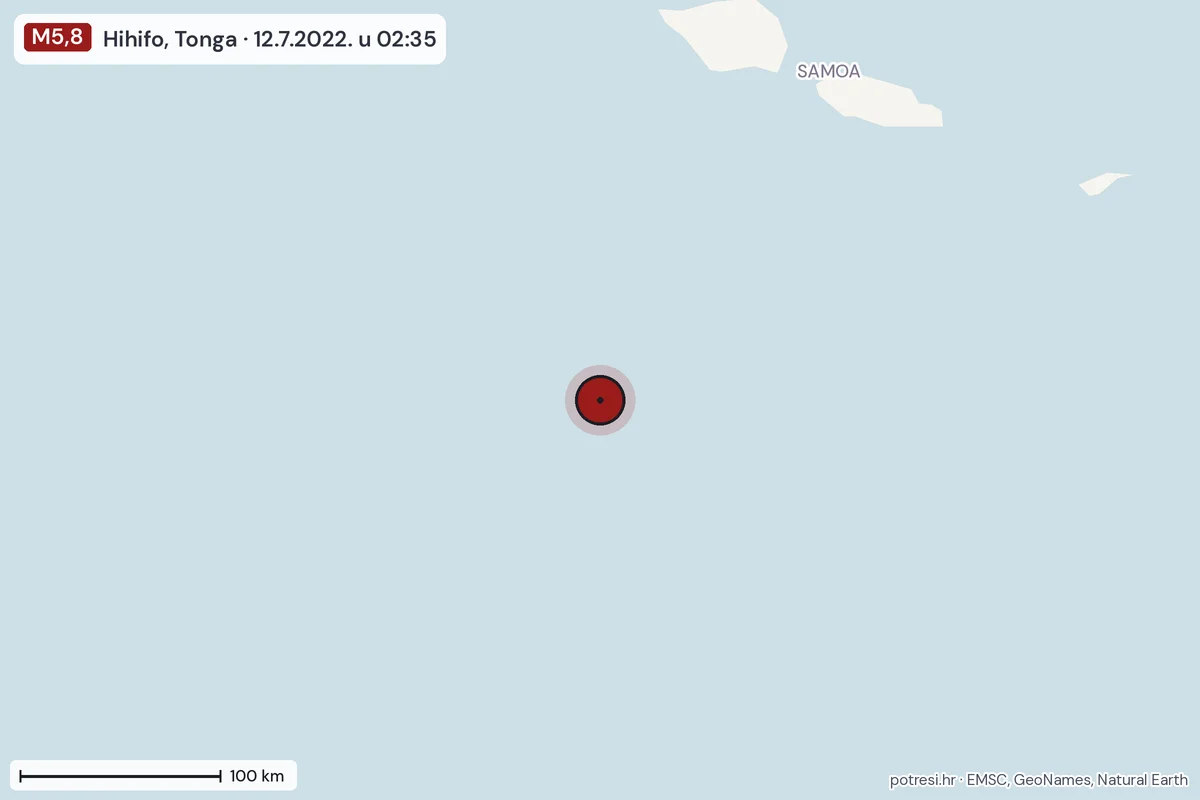 Karta: šire područje, 600 km, potres M5,8, Hihifo, Tonga, 12.7.2022.