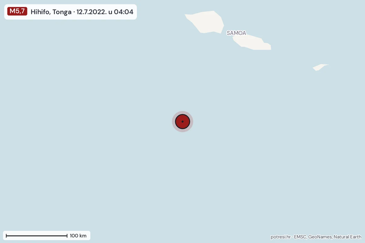 Karta: šire područje, 600 km, potres M5,7, Hihifo, Tonga, 12.7.2022.