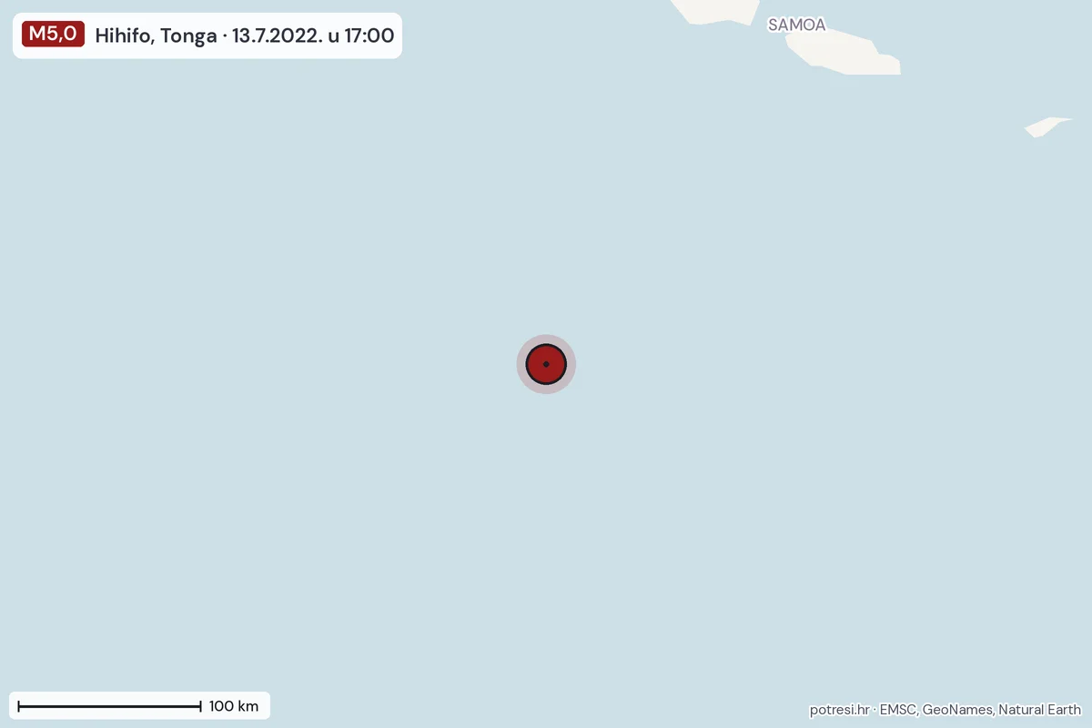 Karta: šire područje, 600 km, potres M5,0, Hihifo, Tonga, 13.7.2022.