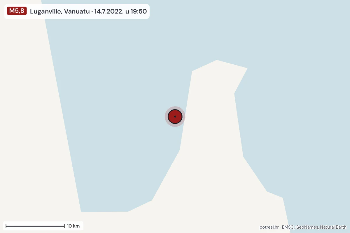 Karta: okolica epicentra, 60 km, potres M5,8, Luganville, Vanuatu, 14.7.2022.