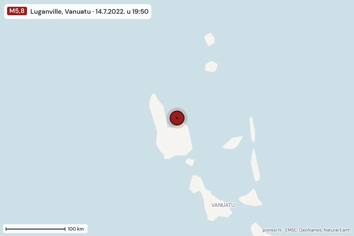 Karta: šire područje, 600 km, potres M5,8, Luganville, Vanuatu, 14.7.2022.