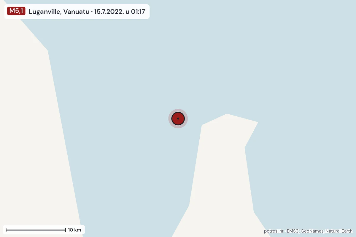 Karta: okolica epicentra, 60 km, potres M5,1, Luganville, Vanuatu, 15.7.2022.