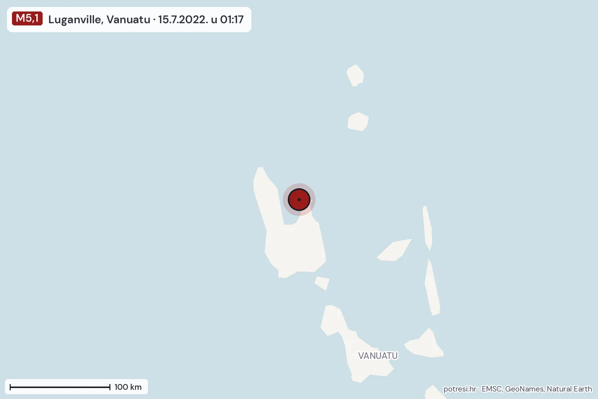 Karta: šire područje, 600 km, potres M5,1, Luganville, Vanuatu, 15.7.2022.