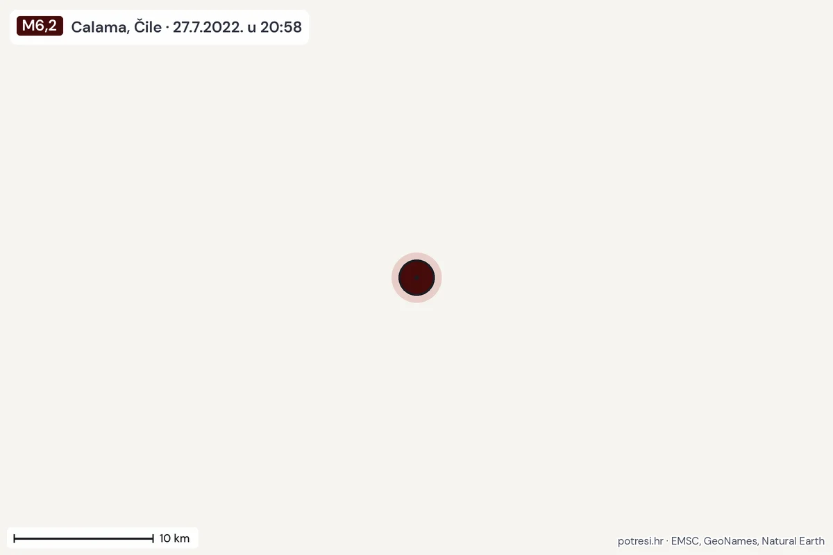 Karta: okolica epicentra, 60 km, potres M6,2, Calama, Čile, 27.7.2022.