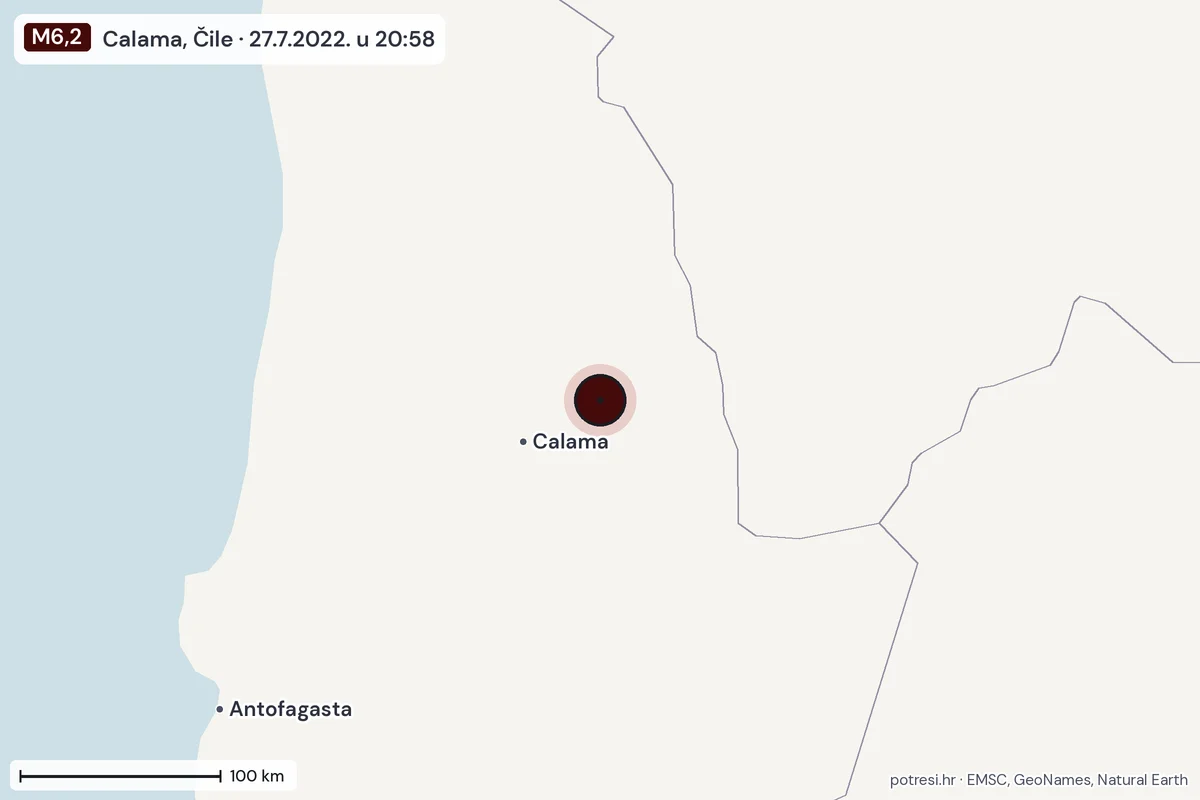 Karta: šire područje, 600 km, potres M6,2, Calama, Čile, 27.7.2022.
