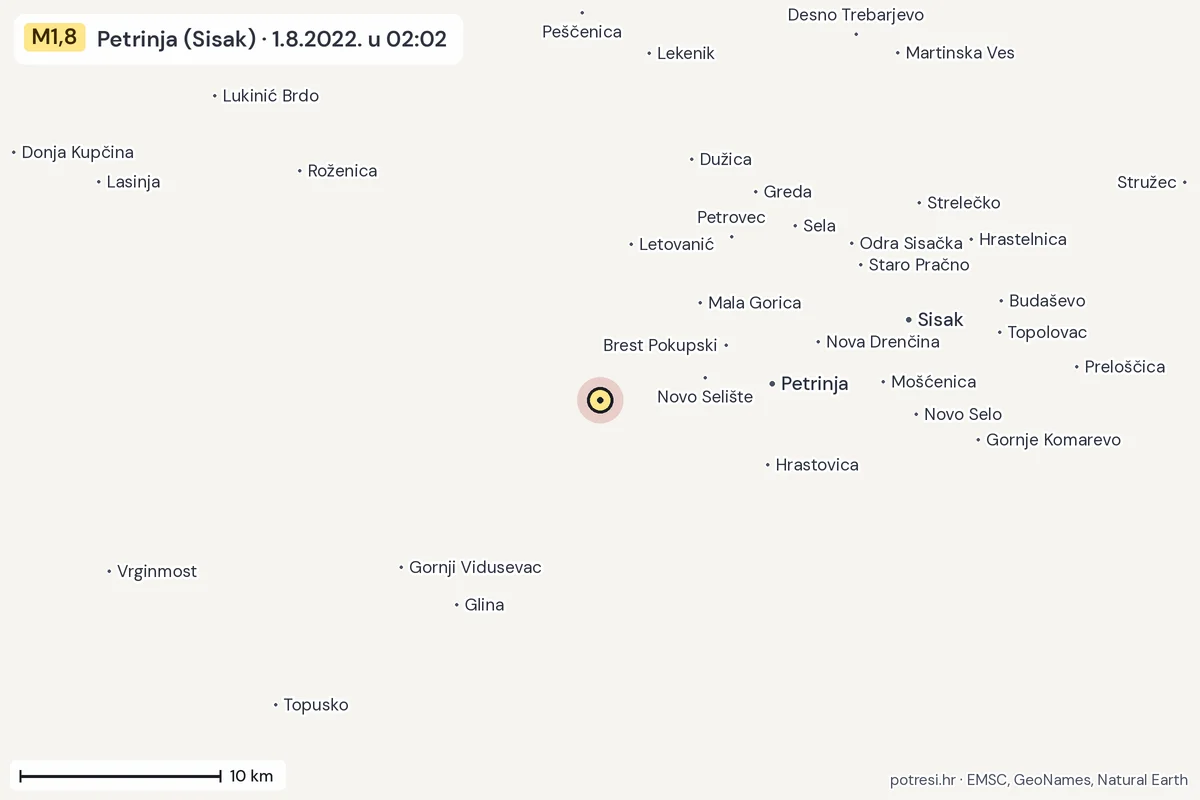 Karta: okolica epicentra, 60 km, potres M1,8, Petrinja (Sisak), 1.8.2022.