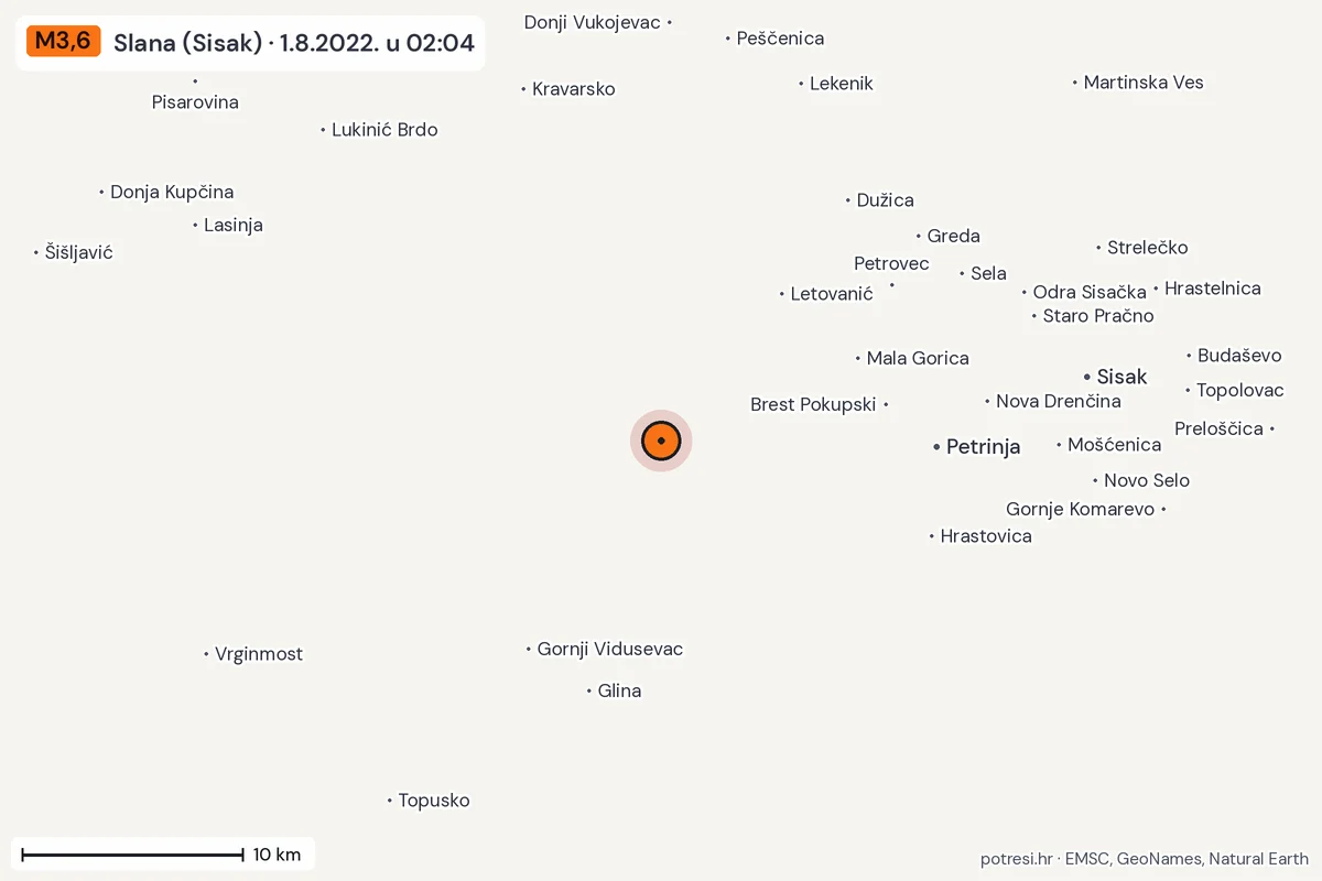 Karta: okolica epicentra, 60 km, potres M3,6, Slana (Sisak), 1.8.2022.