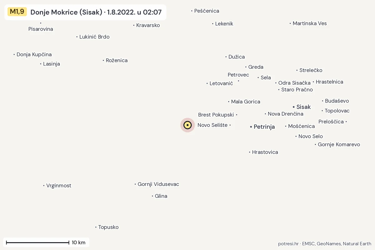 Karta: okolica epicentra, 60 km, potres M1,9, Donje Mokrice (Sisak), 1.8.2022.