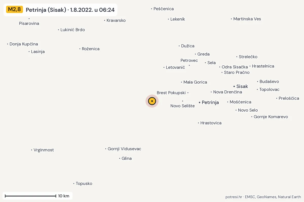Karta: okolica epicentra, 60 km, potres M2,8, Petrinja (Sisak), 1.8.2022.