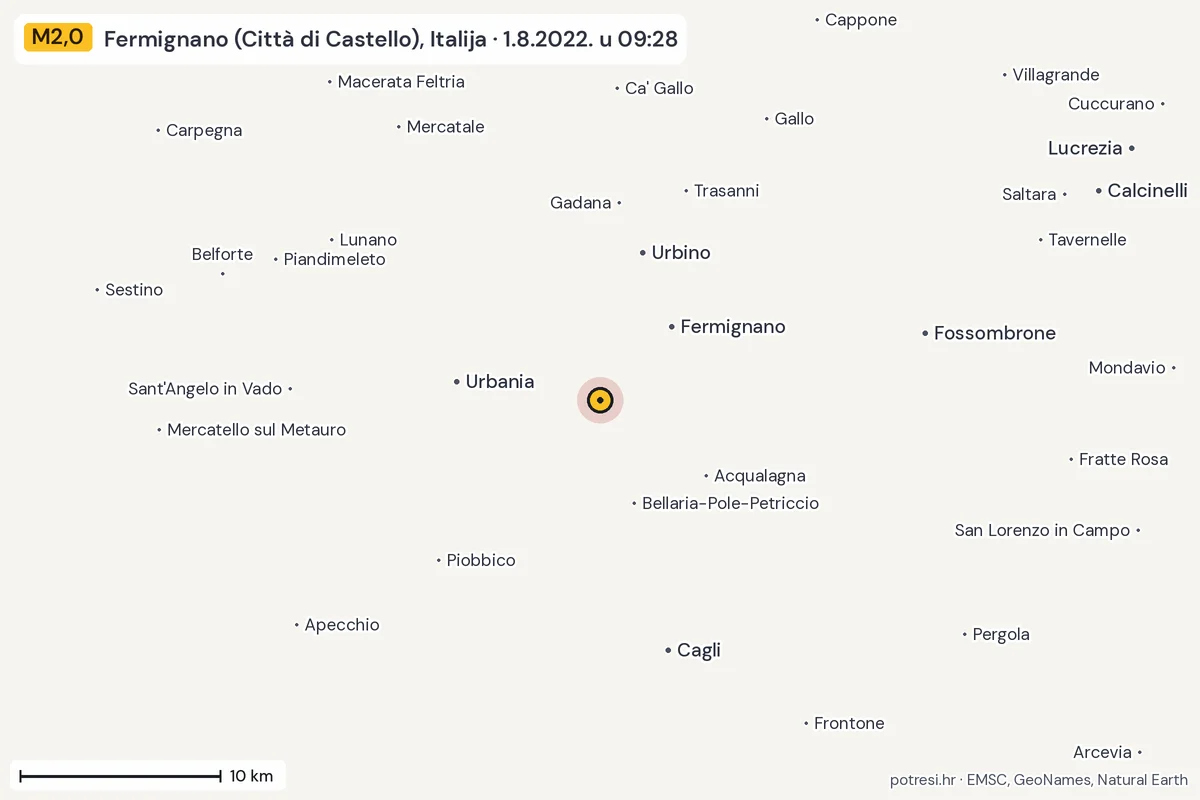 Karta: okolica epicentra, 60 km, potres M2,0, Fermignano (Città di Castello), Italija, 1.8.2022.