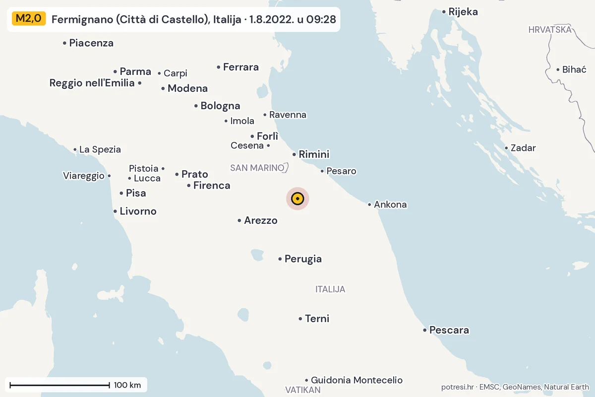 Karta: šire područje, 600 km, potres M2,0, Fermignano (Città di Castello), Italija, 1.8.2022.