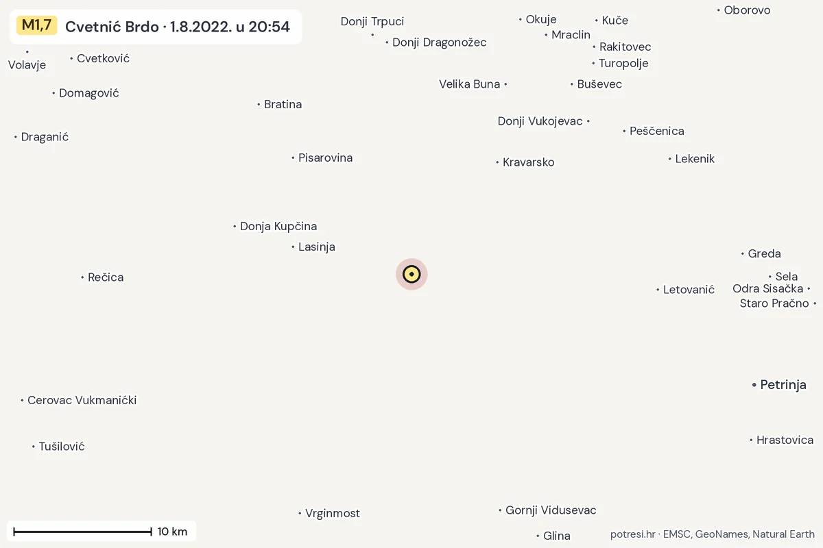 Karta: okolica epicentra, 60 km, potres M1,7, Cvetnić Brdo, 1.8.2022.