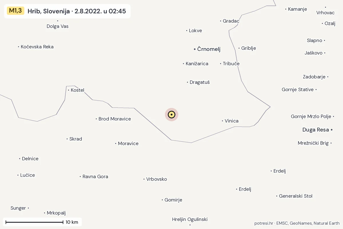 Karta: okolica epicentra, 60 km, potres M1,3, Hrib, Slovenija, 2.8.2022.