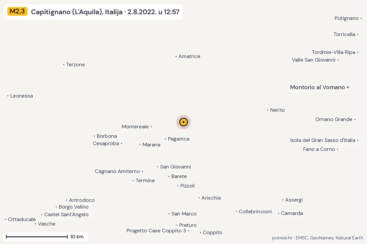 Karta: okolica epicentra, 60 km, potres M2,3, Capitignano (L'Aquila), Italija, 2.8.2022.
