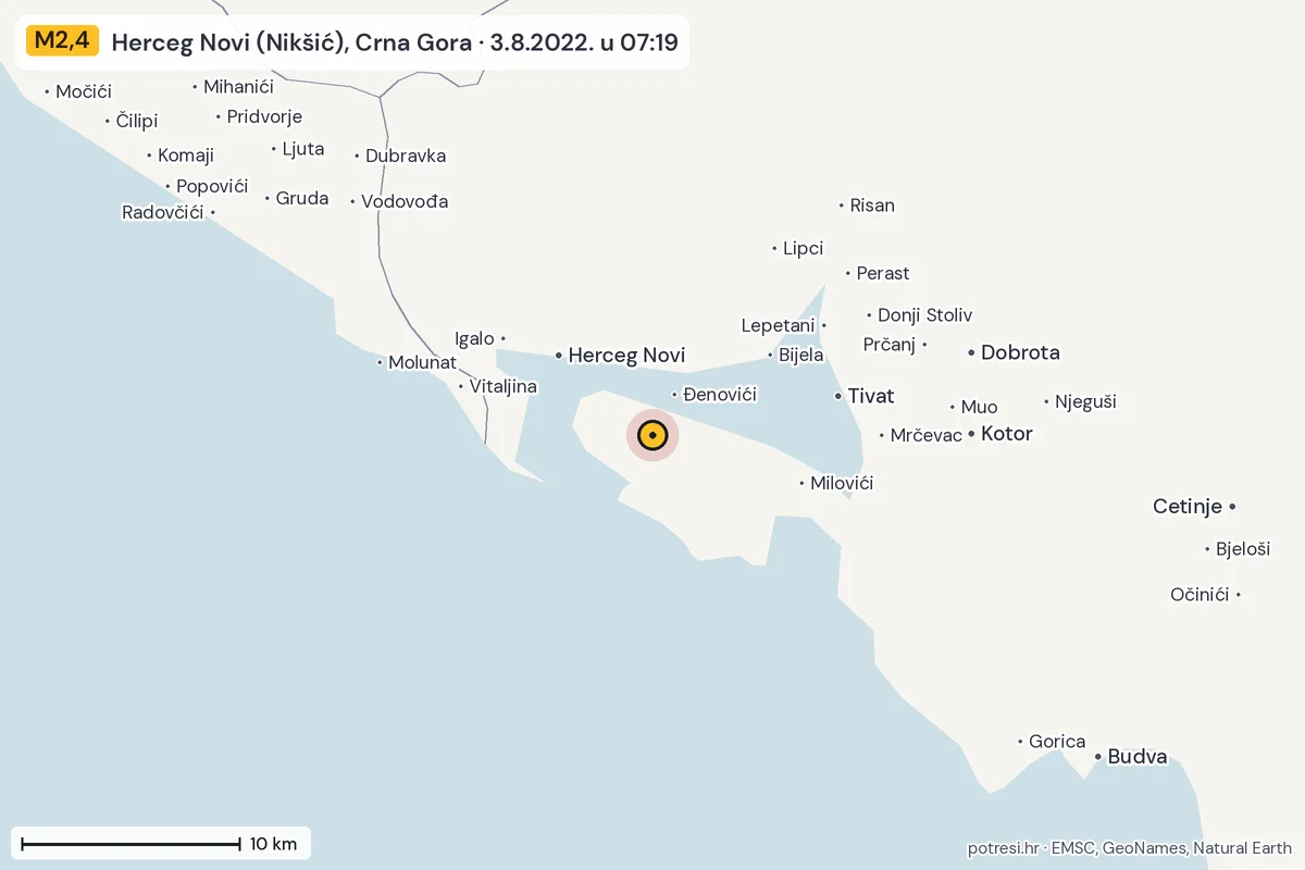 Karta: okolica epicentra, 60 km, potres M2,4, Herceg Novi (Nikšić), Crna Gora, 3.8.2022.