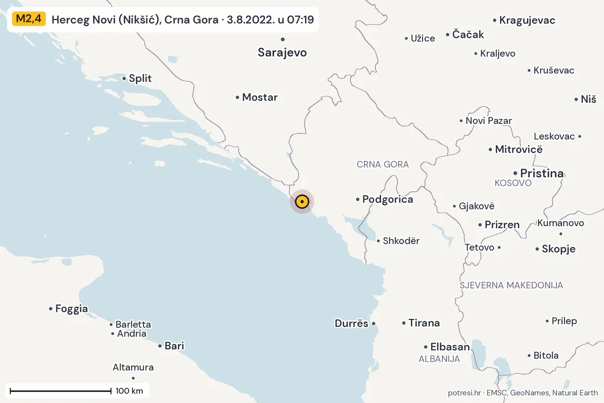 Karta: šire područje, 600 km, potres M2,4, Herceg Novi (Nikšić), Crna Gora, 3.8.2022.