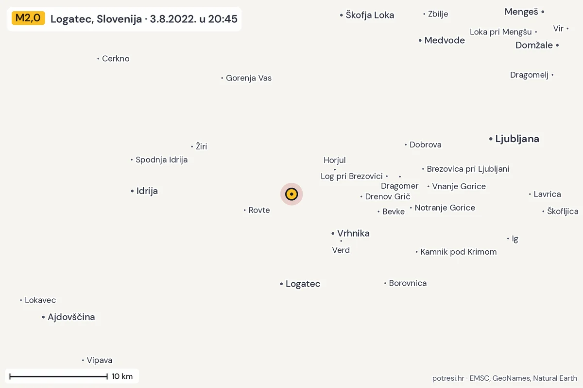 Karta: okolica epicentra, 60 km, potres M2,0, Logatec, Slovenija, 3.8.2022.
