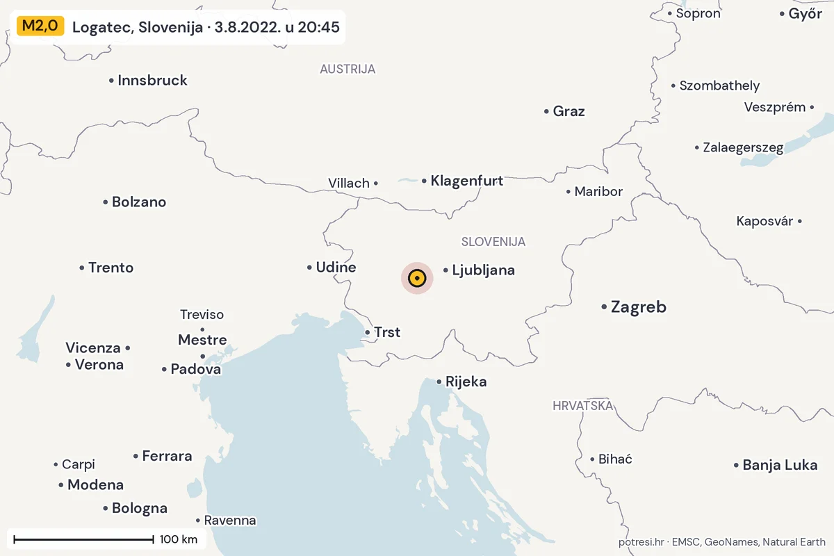 Karta: šire područje, 600 km, potres M2,0, Logatec, Slovenija, 3.8.2022.