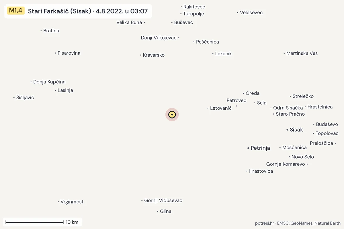 Karta: okolica epicentra, 60 km, potres M1,4, Stari Farkašić (Sisak), 4.8.2022.