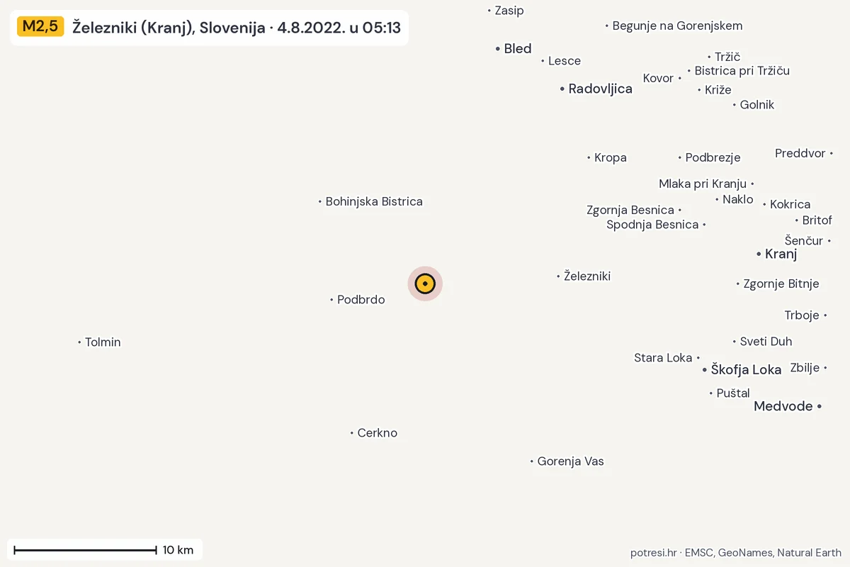 Karta: okolica epicentra, 60 km, potres M2,5, Železniki (Kranj), Slovenija, 4.8.2022.