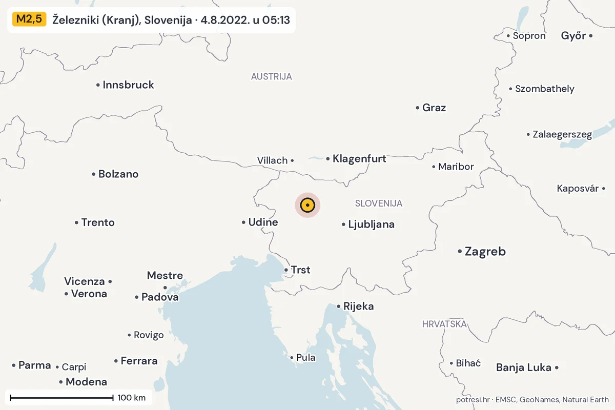 Karta: šire područje, 600 km, potres M2,5, Železniki (Kranj), Slovenija, 4.8.2022.