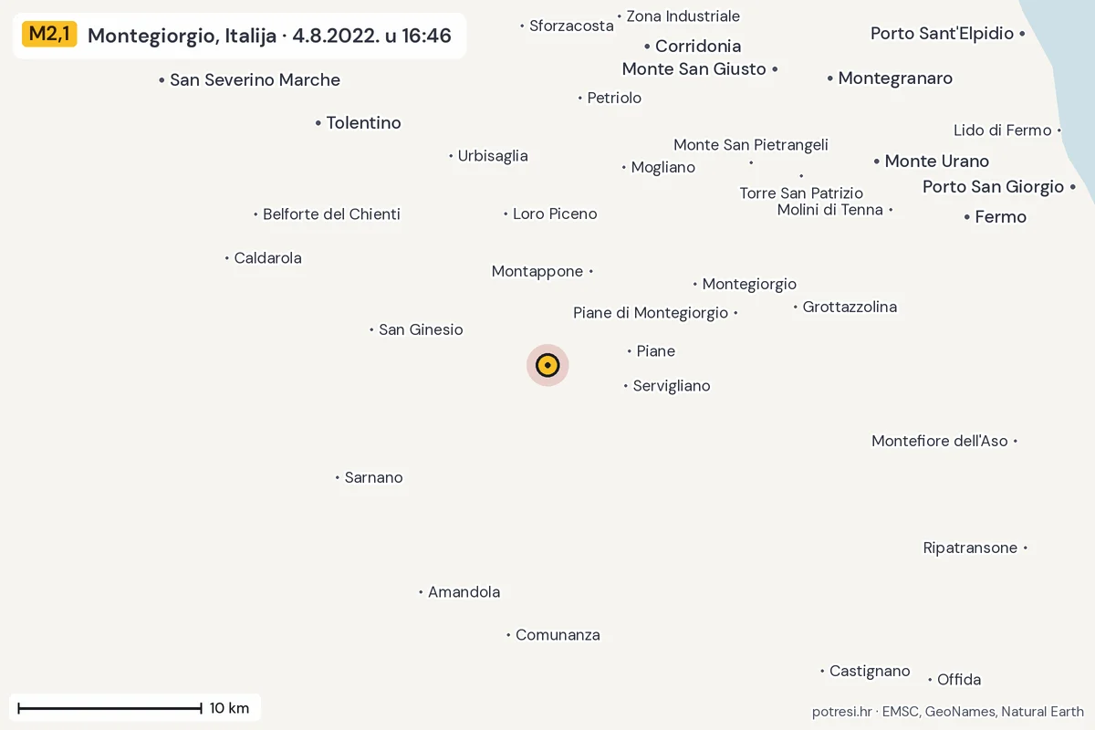Karta: okolica epicentra, 60 km, potres M2,1, Montegiorgio, Italija, 4.8.2022.