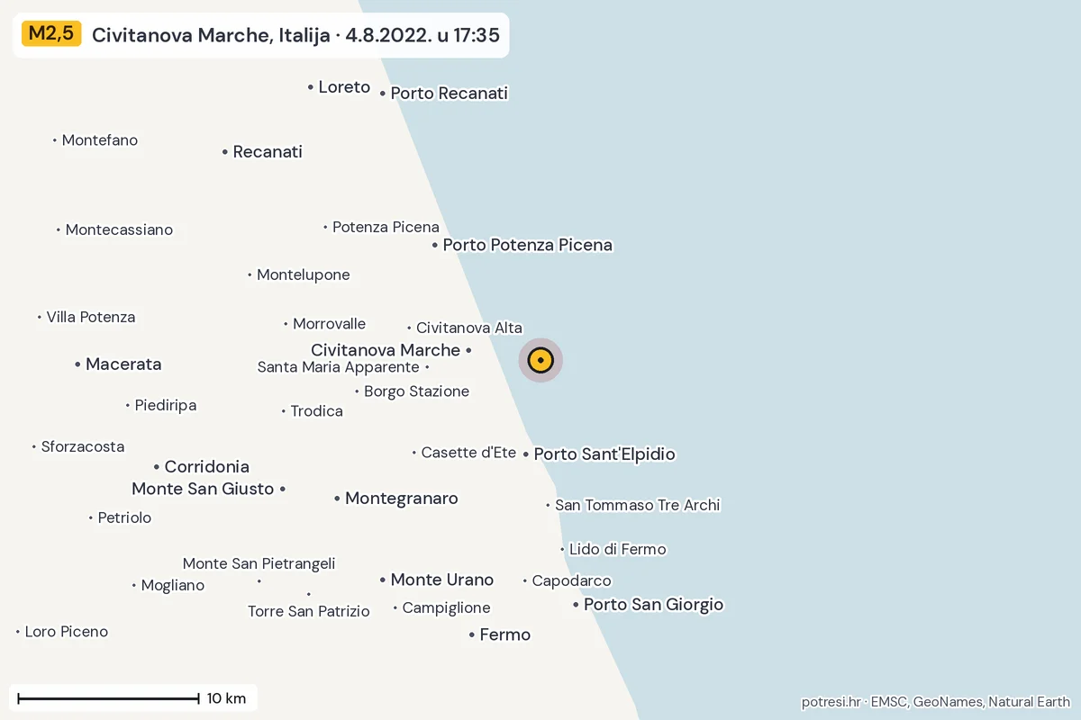 Karta: okolica epicentra, 60 km, potres M2,5, Civitanova Marche, Italija, 4.8.2022.