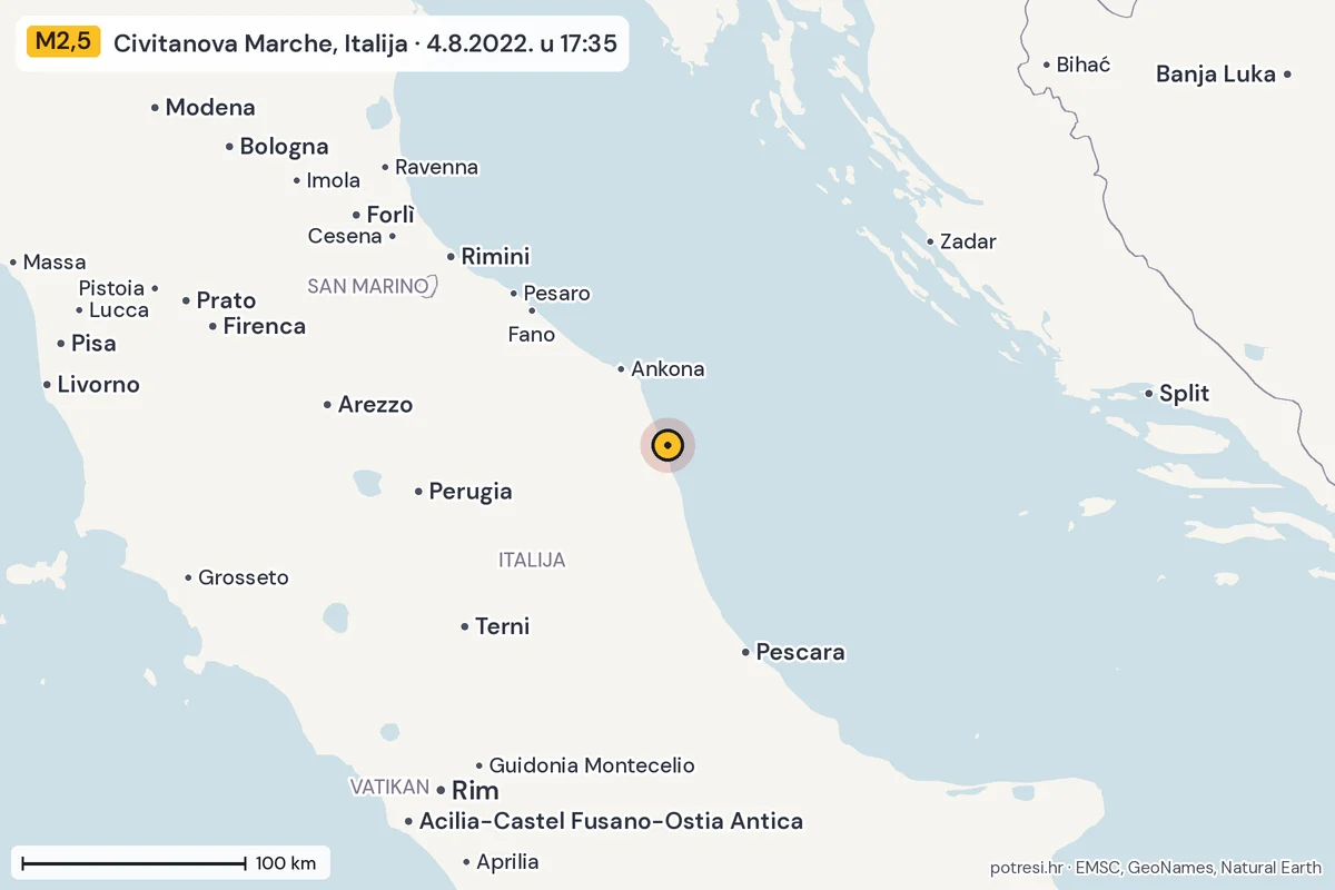 Karta: šire područje, 600 km, potres M2,5, Civitanova Marche, Italija, 4.8.2022.