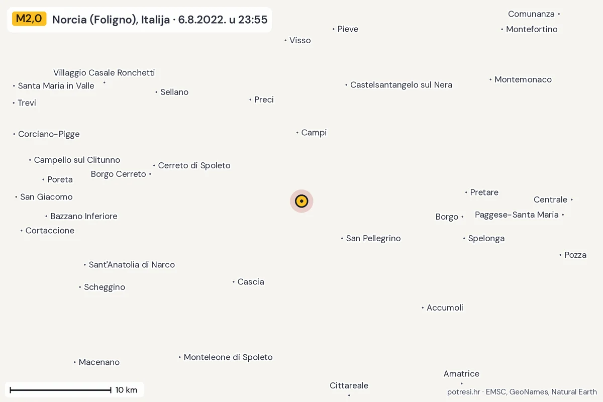 Karta: okolica epicentra, 60 km, potres M2,0, Norcia (Foligno), Italija, 6.8.2022.
