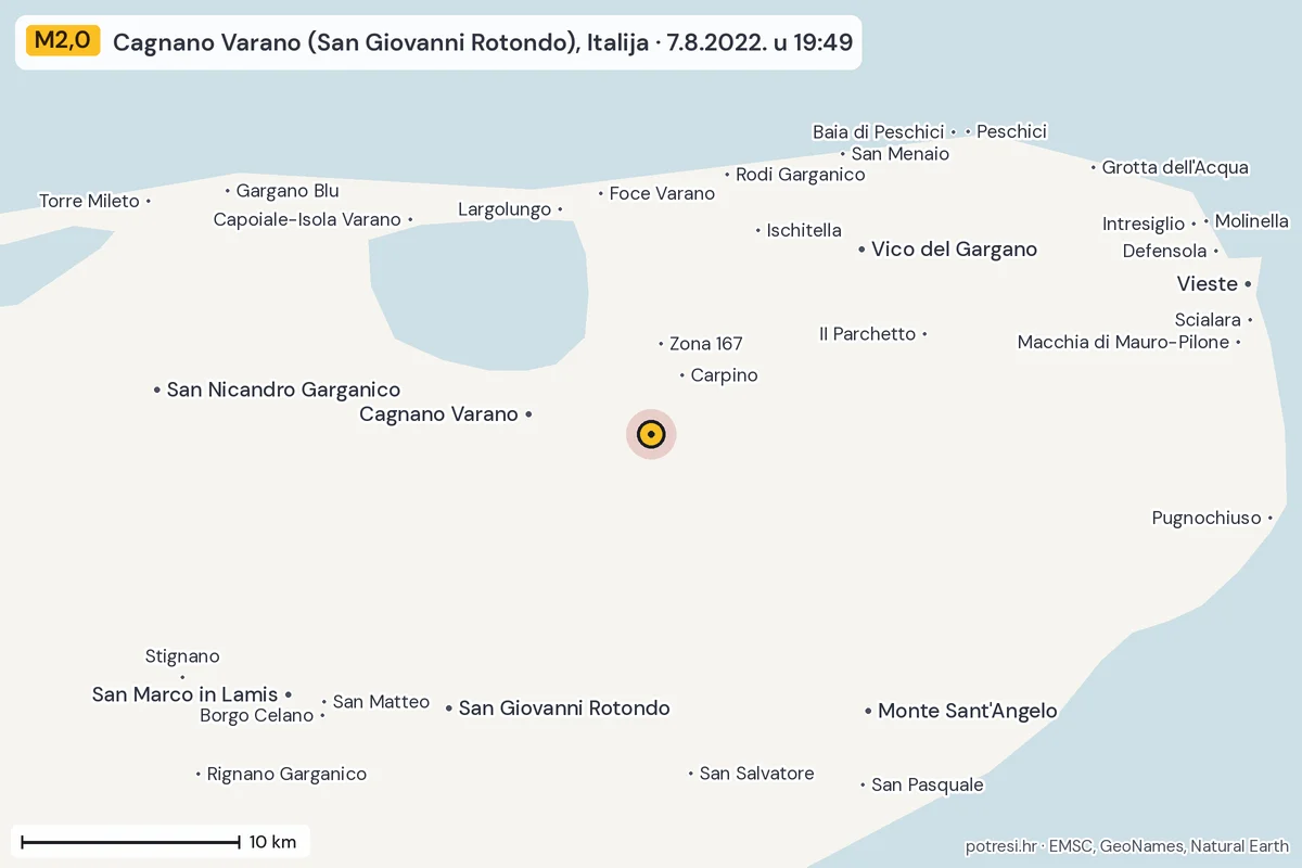 Karta: okolica epicentra, 60 km, potres M2,0, Cagnano Varano (San Giovanni Rotondo), Italija, 7.8.2022.