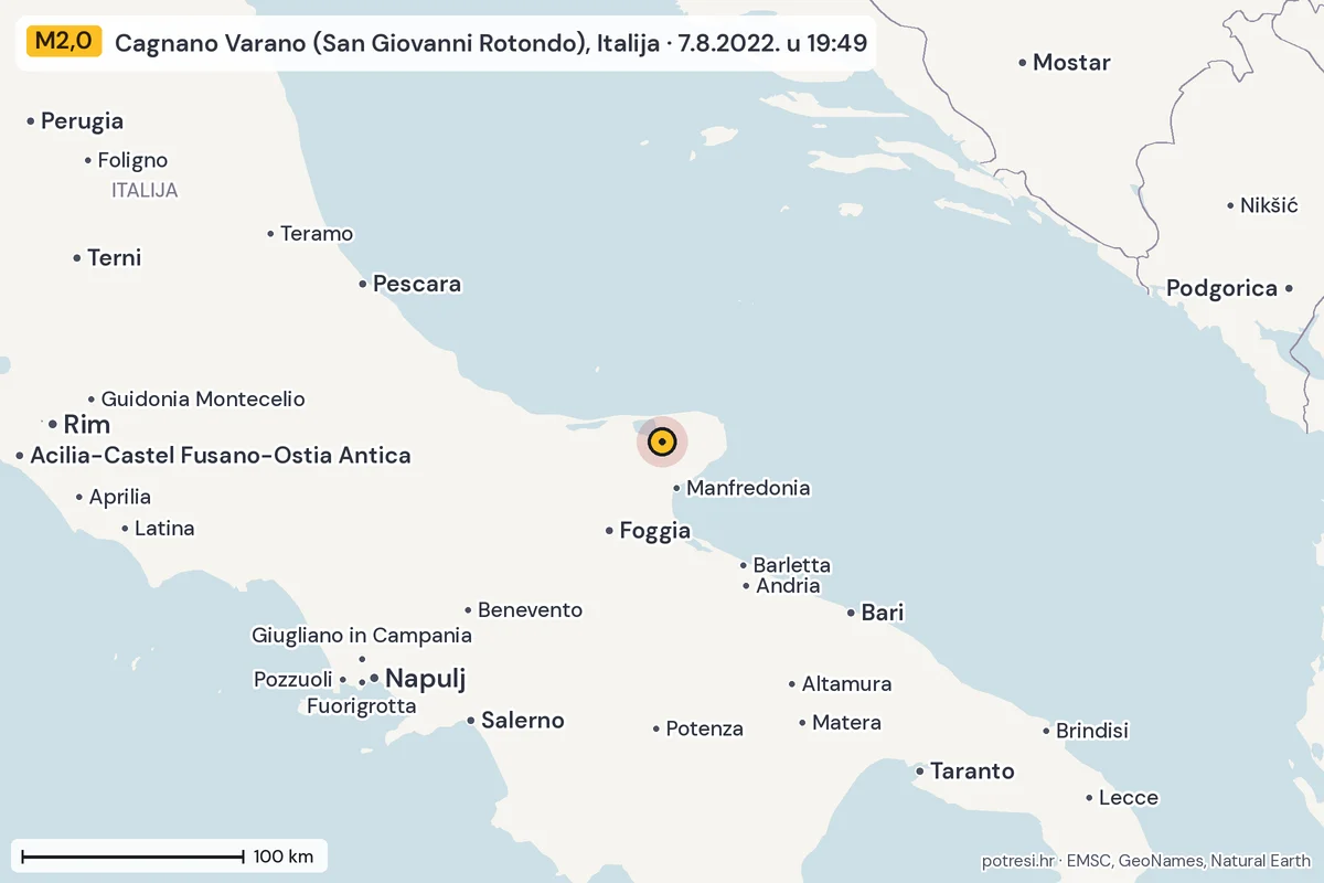 Karta: šire područje, 600 km, potres M2,0, Cagnano Varano (San Giovanni Rotondo), Italija, 7.8.2022.