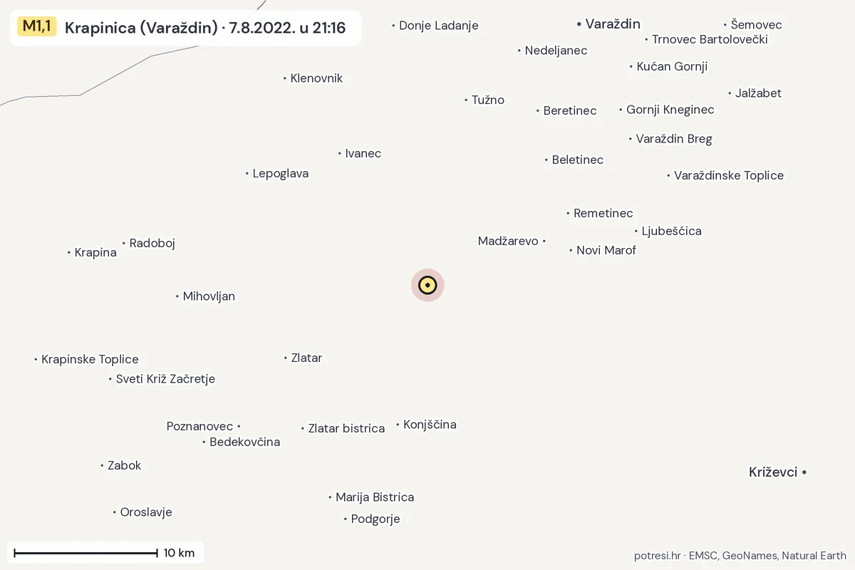Karta: okolica epicentra, 60 km, potres M1,1, Krapinica (Varaždin), 7.8.2022.