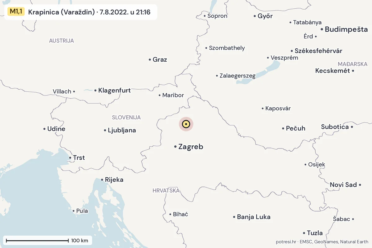 Karta: šire područje, 600 km, potres M1,1, Krapinica (Varaždin), 7.8.2022.
