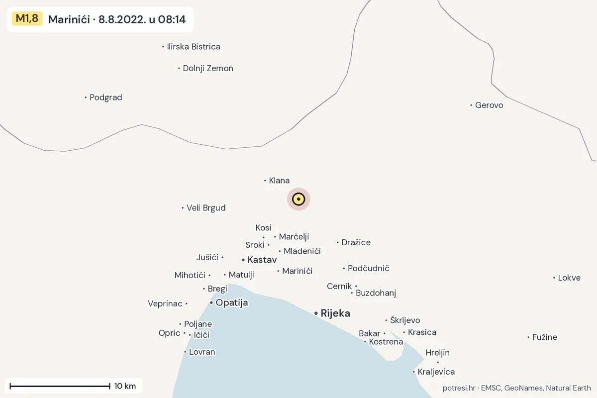 Karta: okolica epicentra, 60 km, potres M1,8, Marinići, 8.8.2022.
