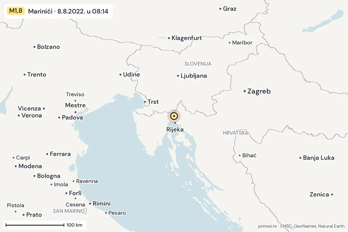 Karta: šire područje, 600 km, potres M1,8, Marinići, 8.8.2022.