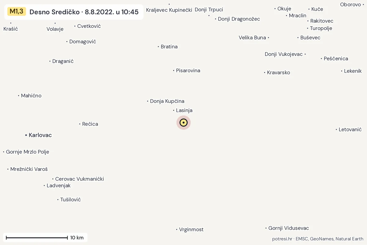 Karta: okolica epicentra, 60 km, potres M1,3, Desno Sredičko, 8.8.2022.