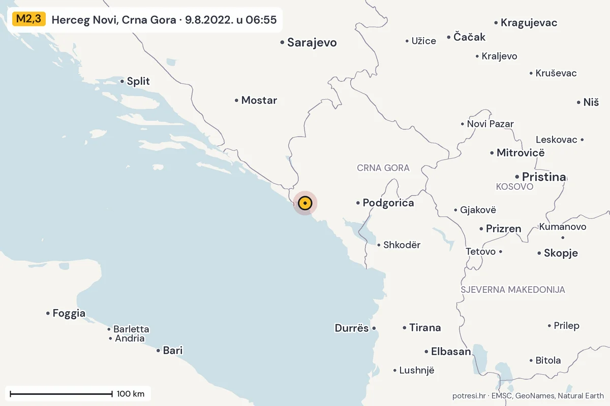Karta: šire područje, 600 km, potres M2,3, Herceg Novi, Crna Gora, 9.8.2022.