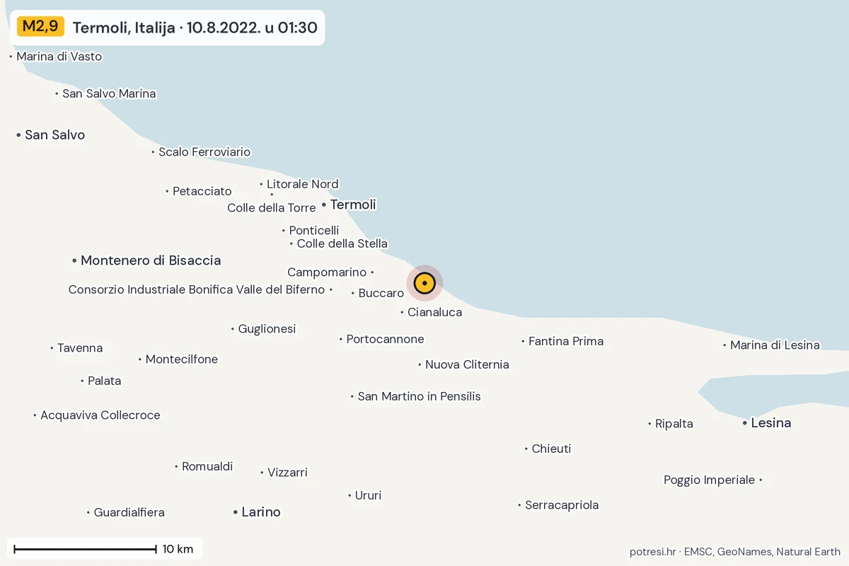 Karta: okolica epicentra, 60 km, potres M2,9, Termoli, Italija, 10.8.2022.