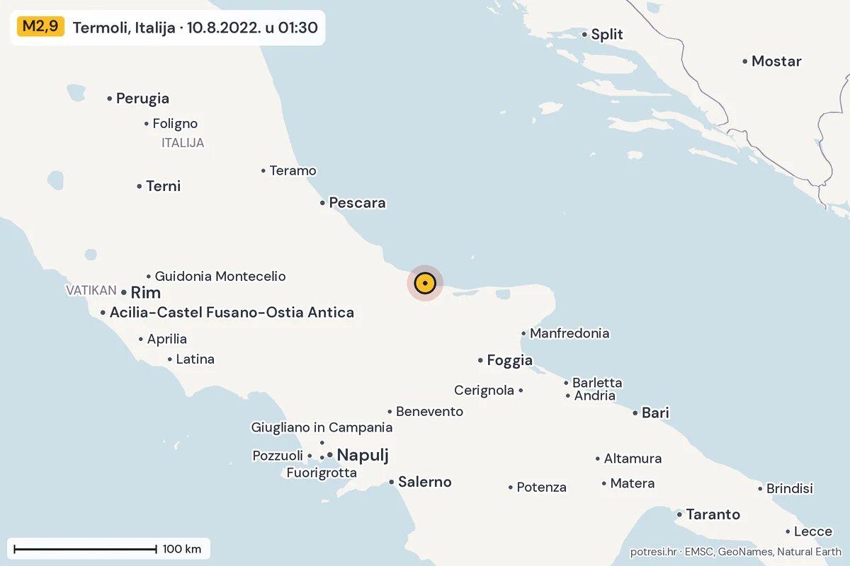Karta: šire područje, 600 km, potres M2,9, Termoli, Italija, 10.8.2022.