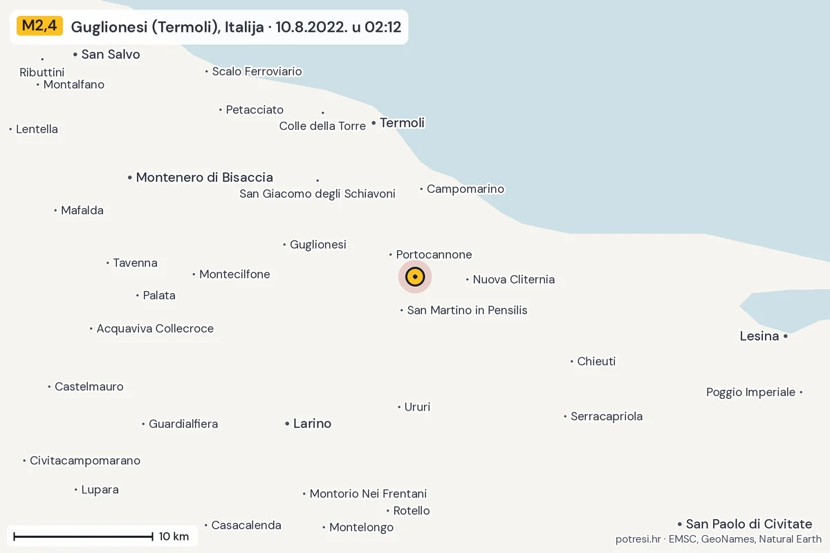 Karta: okolica epicentra, 60 km, potres M2,4, Guglionesi (Termoli), Italija, 10.8.2022.