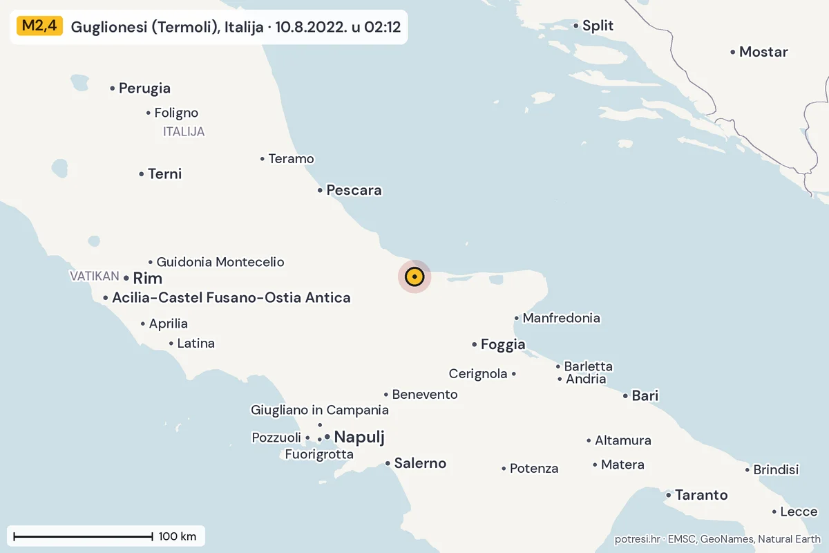 Karta: šire područje, 600 km, potres M2,4, Guglionesi (Termoli), Italija, 10.8.2022.
