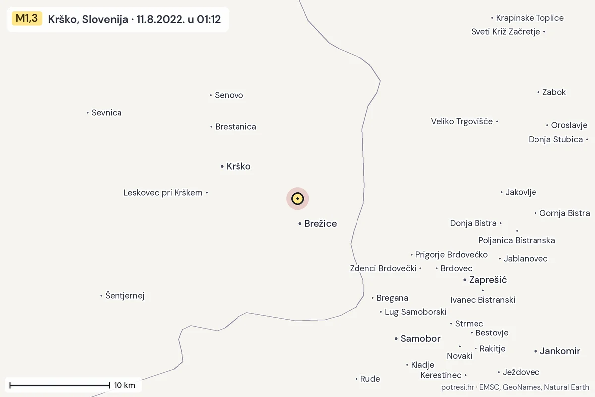 Karta: okolica epicentra, 60 km, potres M1,3, Krško, Slovenija, 11.8.2022.