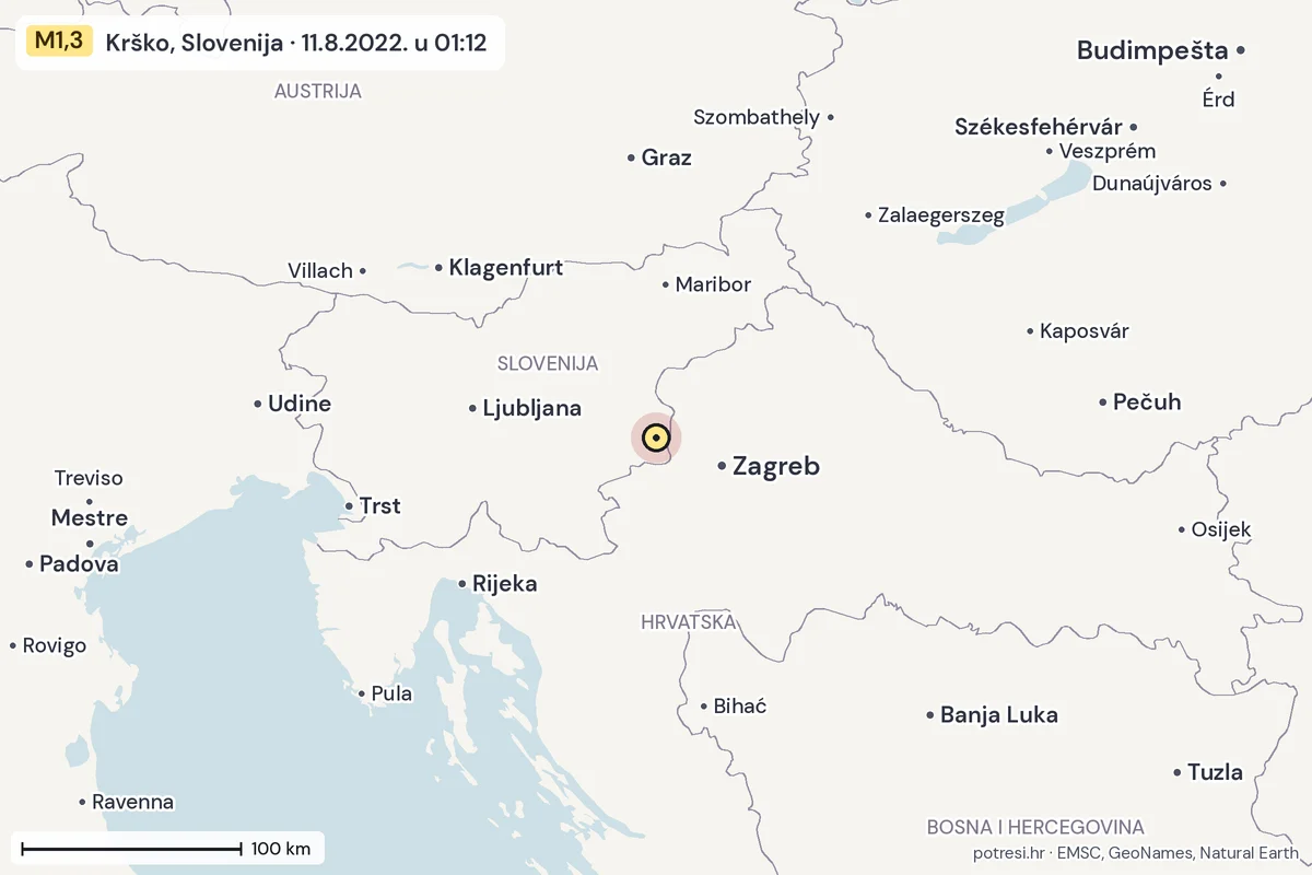 Karta: šire područje, 600 km, potres M1,3, Krško, Slovenija, 11.8.2022.