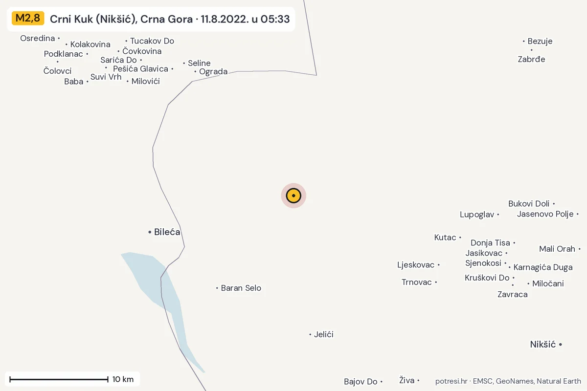 Karta: okolica epicentra, 60 km, potres M2,8, Crni Kuk (Nikšić), Crna Gora, 11.8.2022.
