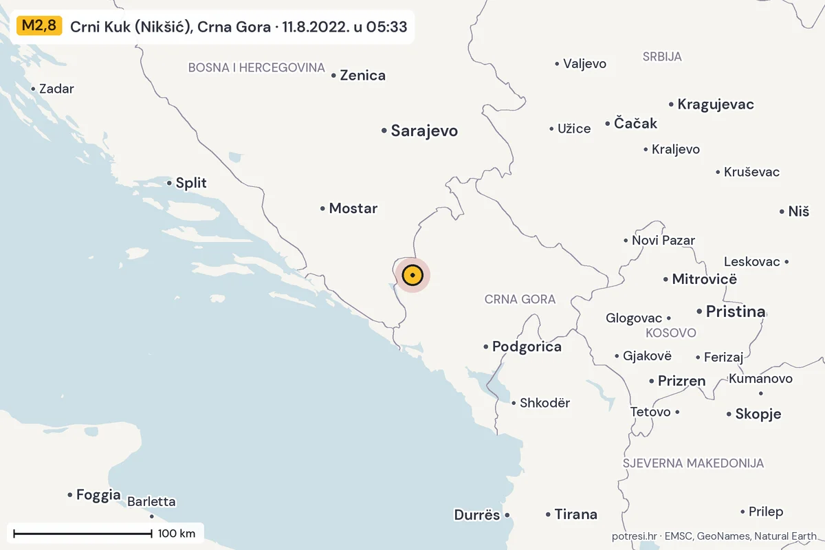 Karta: šire područje, 600 km, potres M2,8, Crni Kuk (Nikšić), Crna Gora, 11.8.2022.