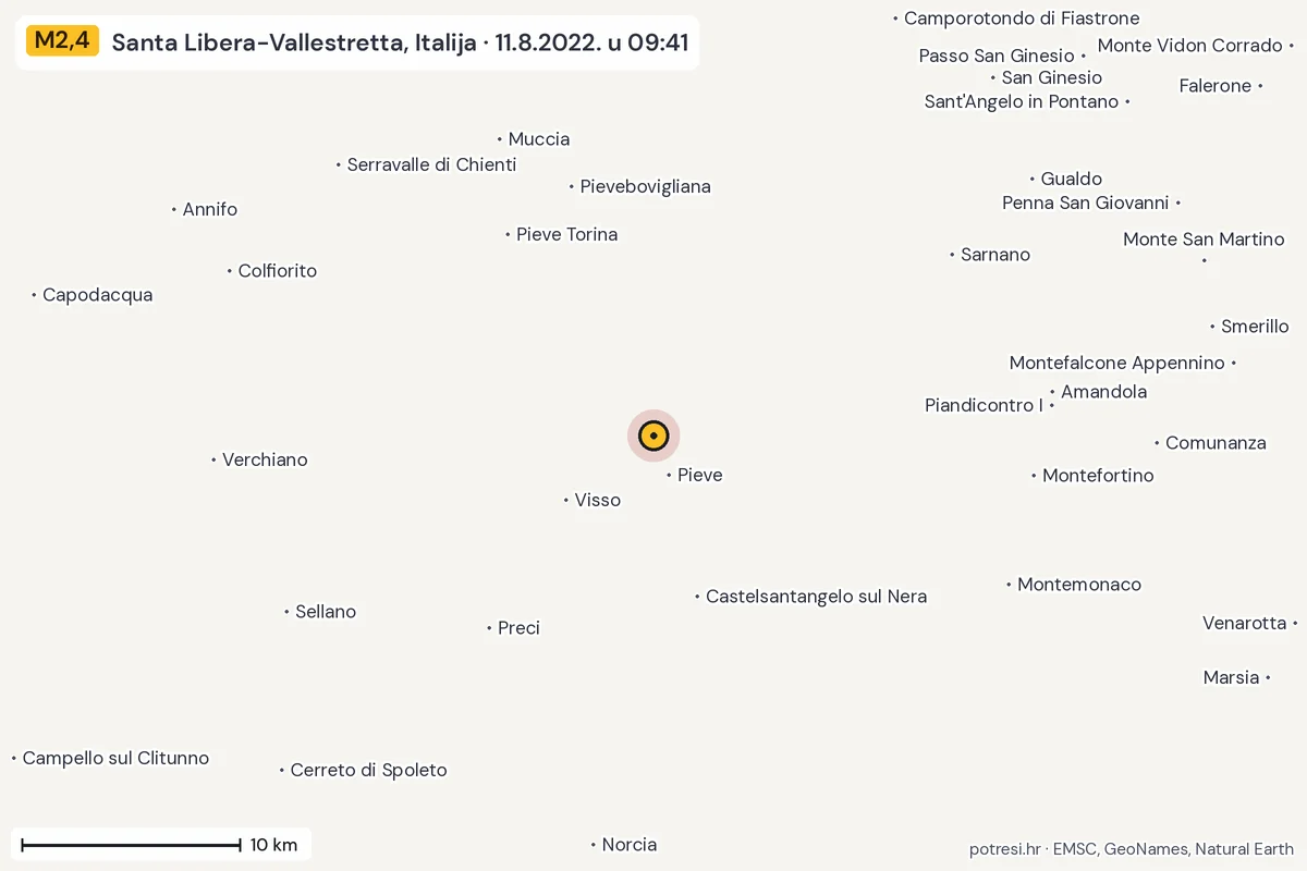 Karta: okolica epicentra, 60 km, potres M2,4, Santa Libera-Vallestretta, Italija, 11.8.2022.