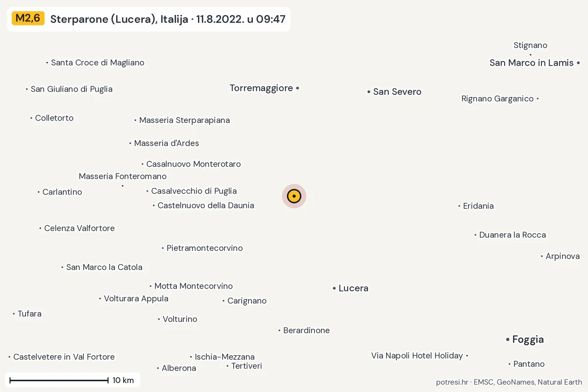 Karta: okolica epicentra, 60 km, potres M2,6, Sterparone (Lucera), Italija, 11.8.2022.