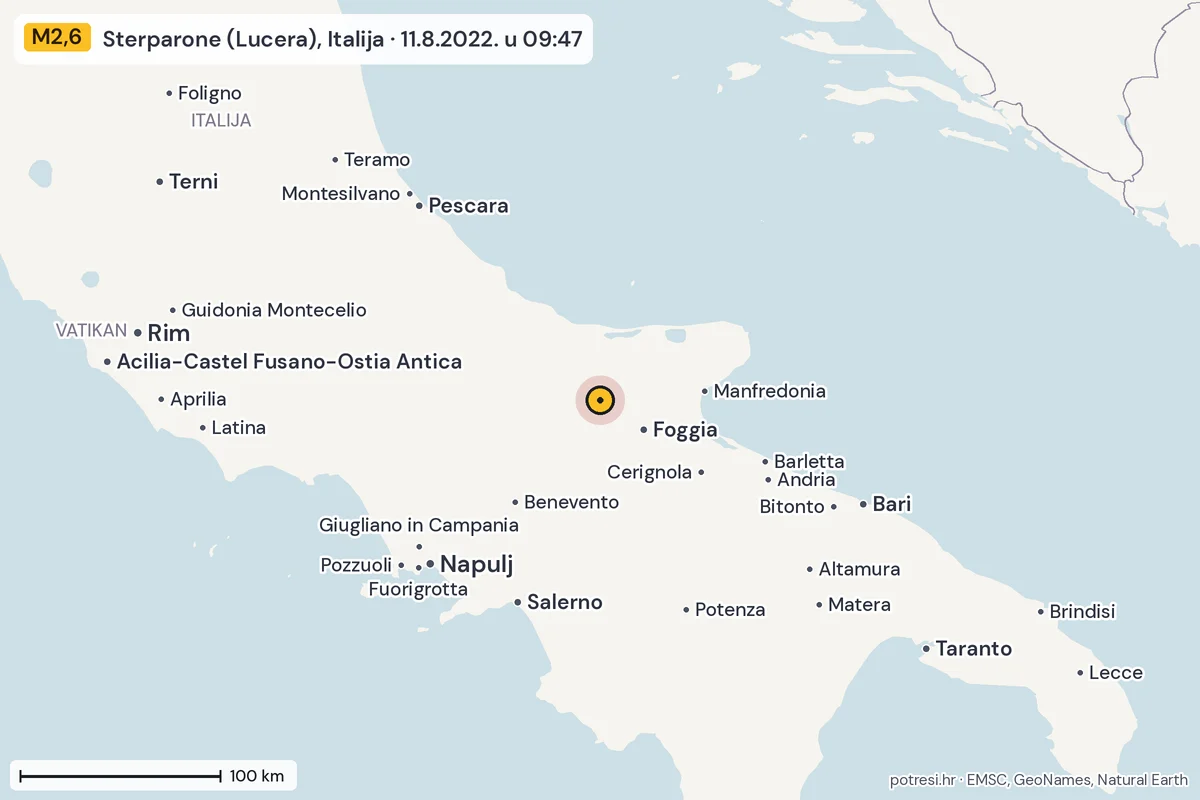 Karta: šire područje, 600 km, potres M2,6, Sterparone (Lucera), Italija, 11.8.2022.