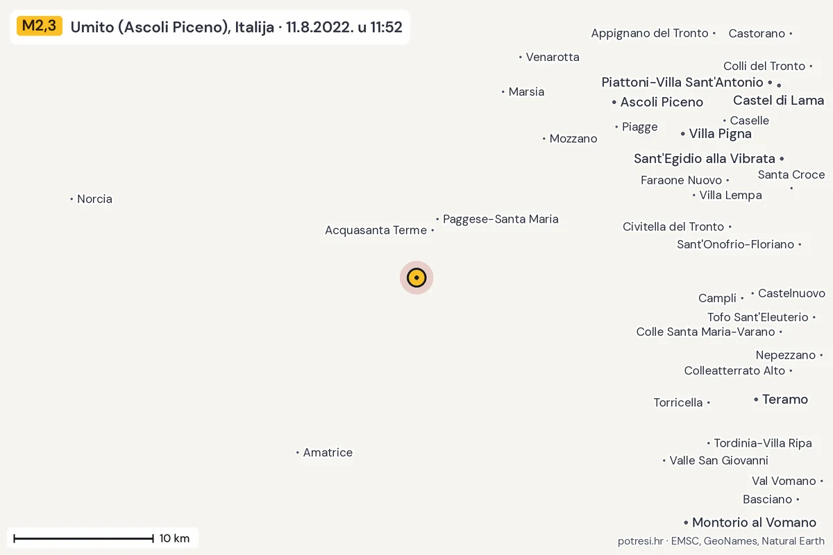 Karta: okolica epicentra, 60 km, potres M2,3, Umito (Ascoli Piceno), Italija, 11.8.2022.